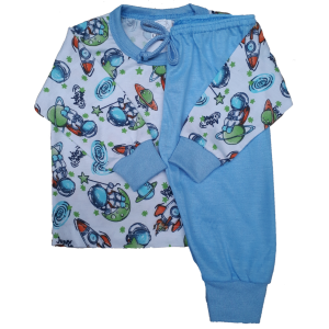 0275 Pijama Algodão Espaçonaves Azul com Verde com Calça Azul-Clara P